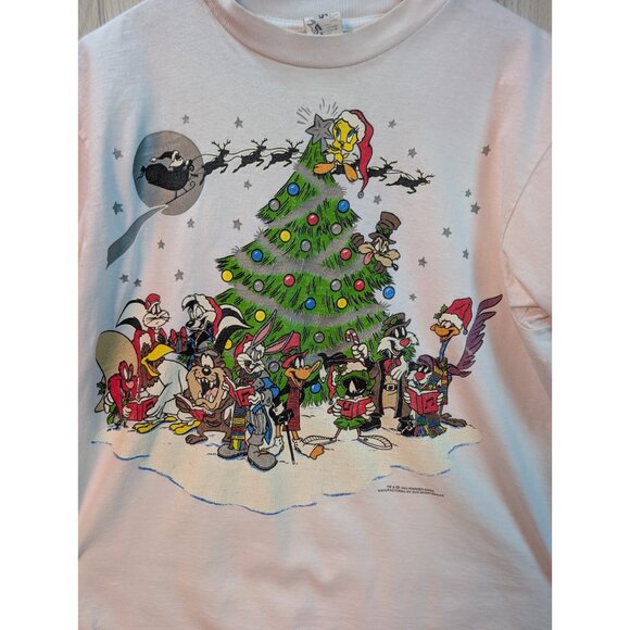 Vintage 90s Looney Tunes Christmas Tree T-Shirt Large Bug Bunny Taz Marvin White - Picture 2 of 7